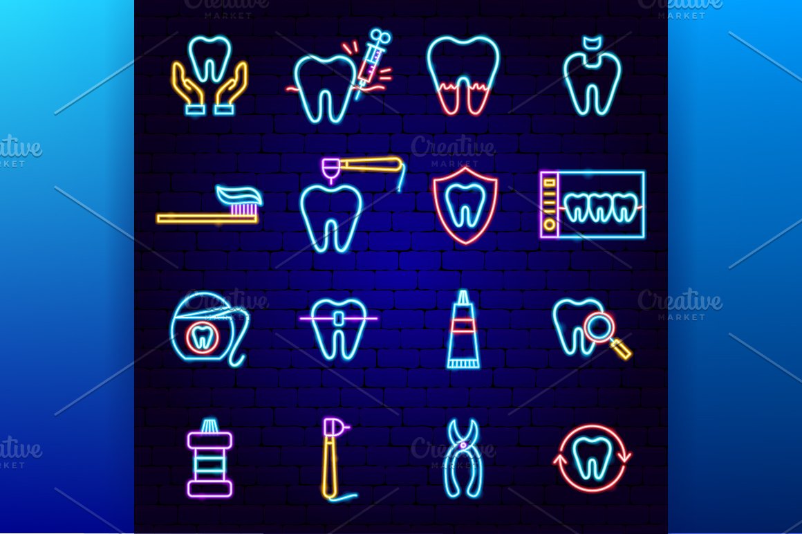 An image of neon icons on the theme of dentistry.