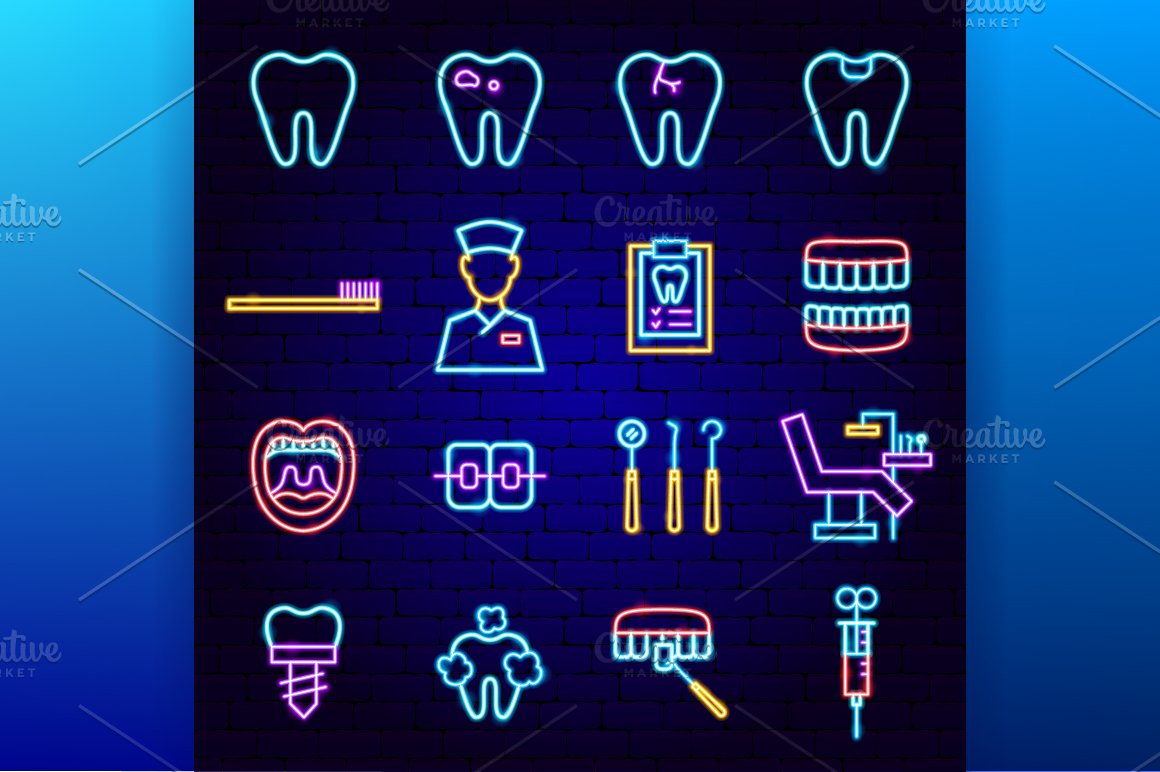 Neon icons with a tooth, and others on the topic of dentistry.