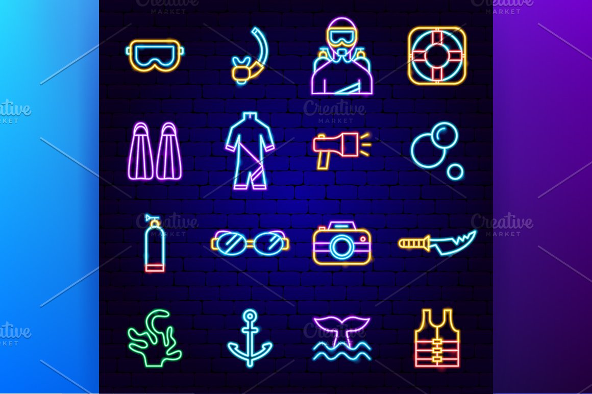 Diving icons in retro neon style.