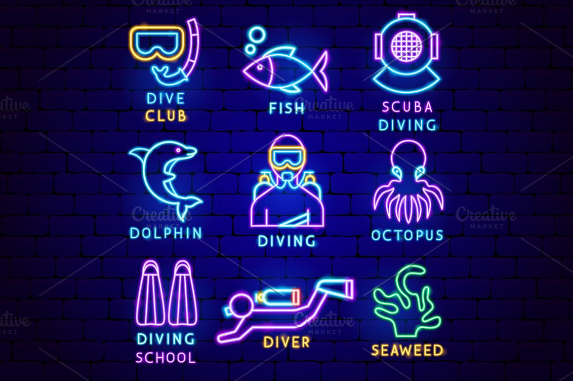 Diving as a theme for neon icons.