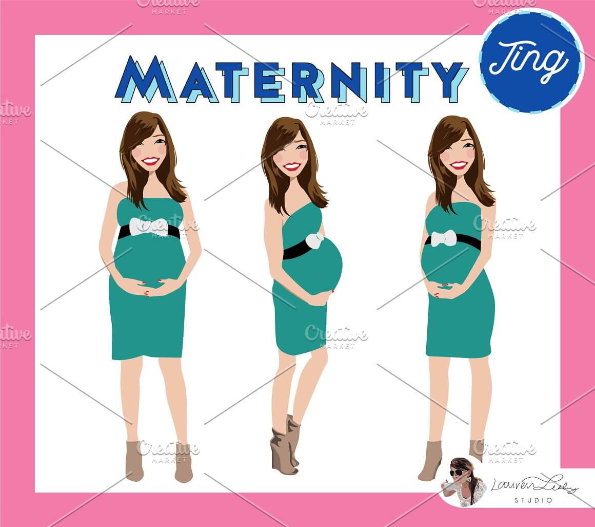 The girl with discreet makeup is wearing a green maternity dress that emphasizes her beauty.