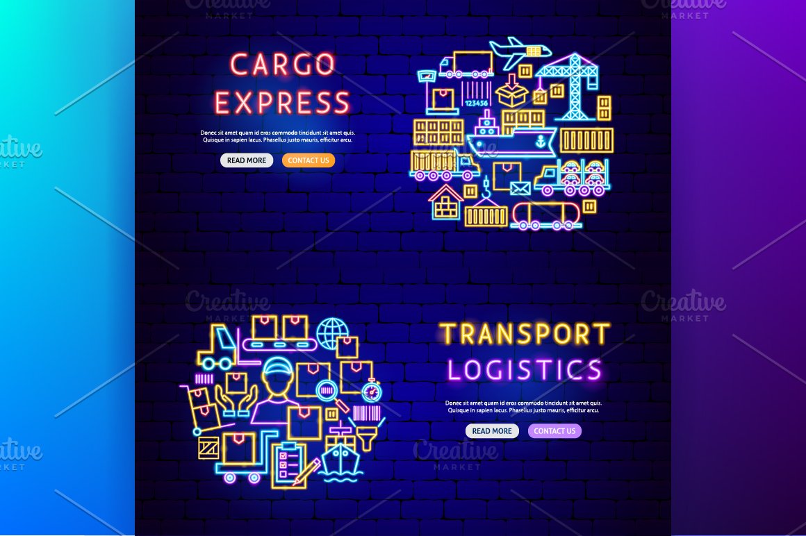 Neon icons on the theme of cargo.