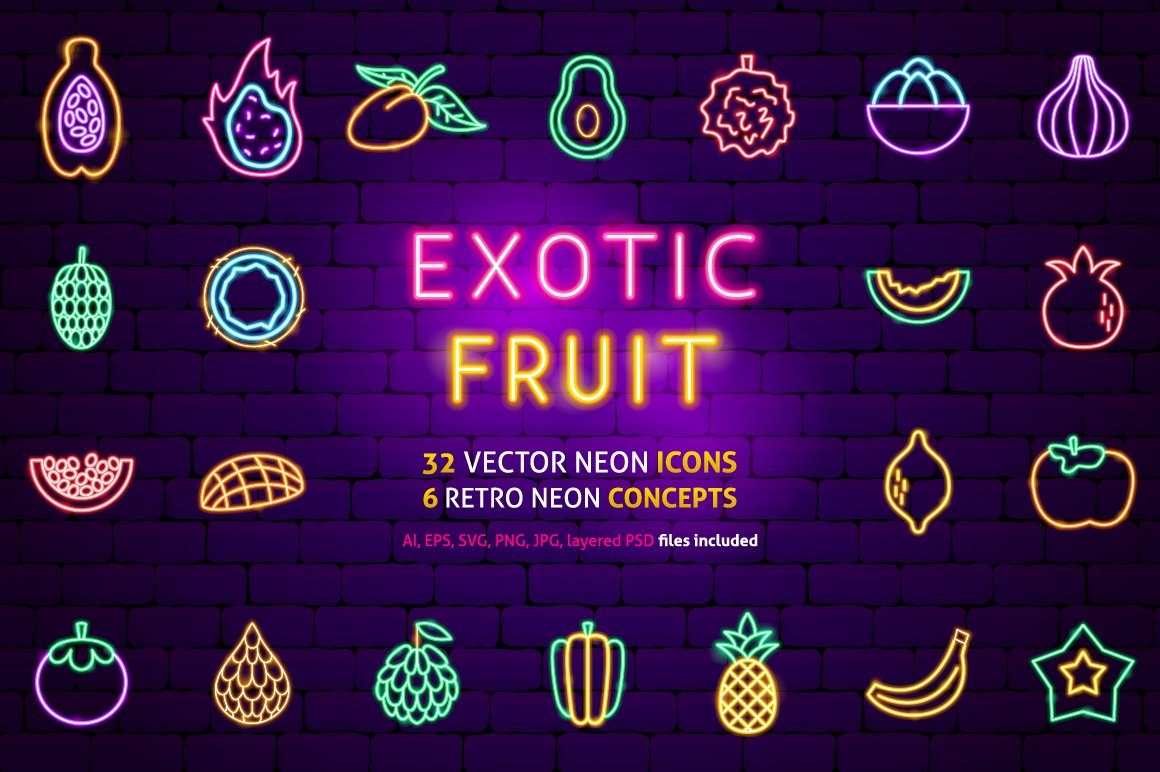 Name fruit icons neon.