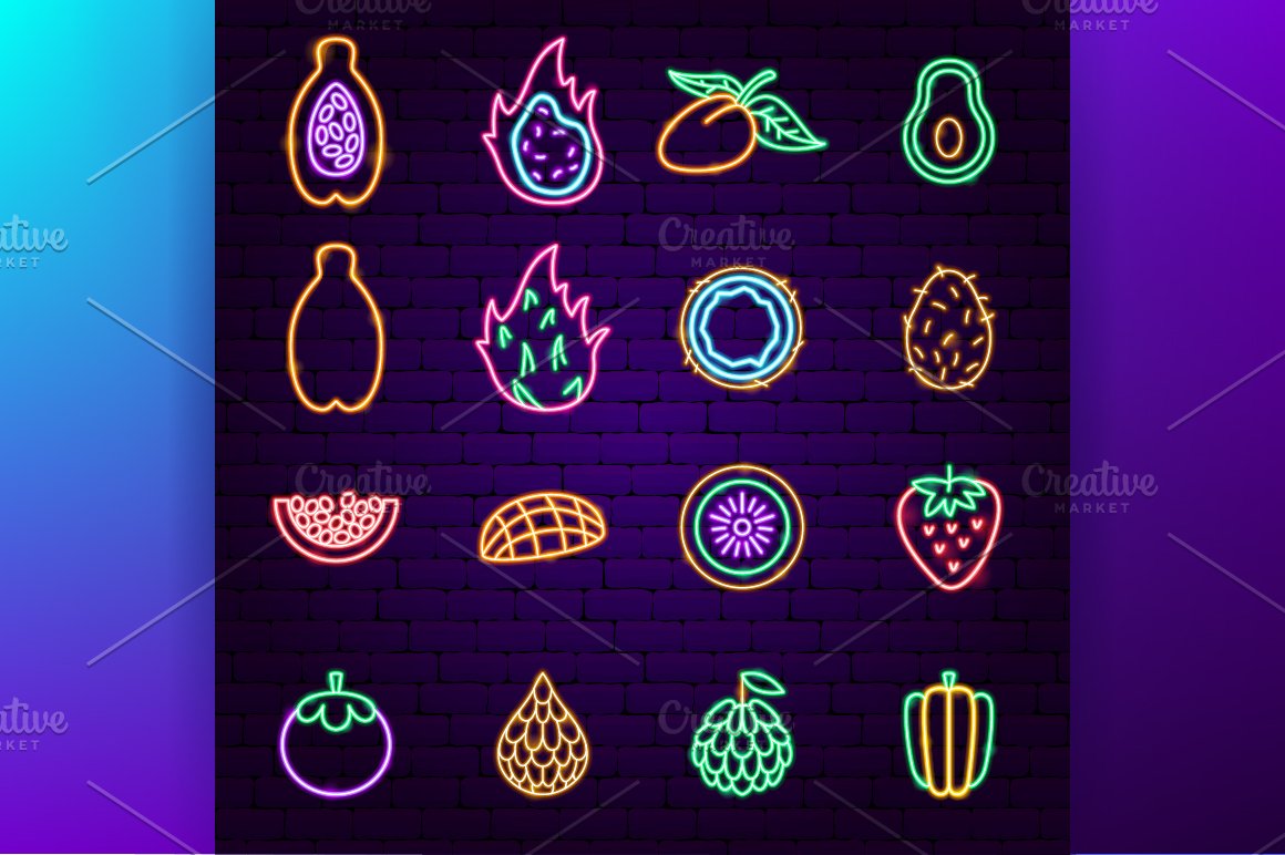 Different neon fruits.