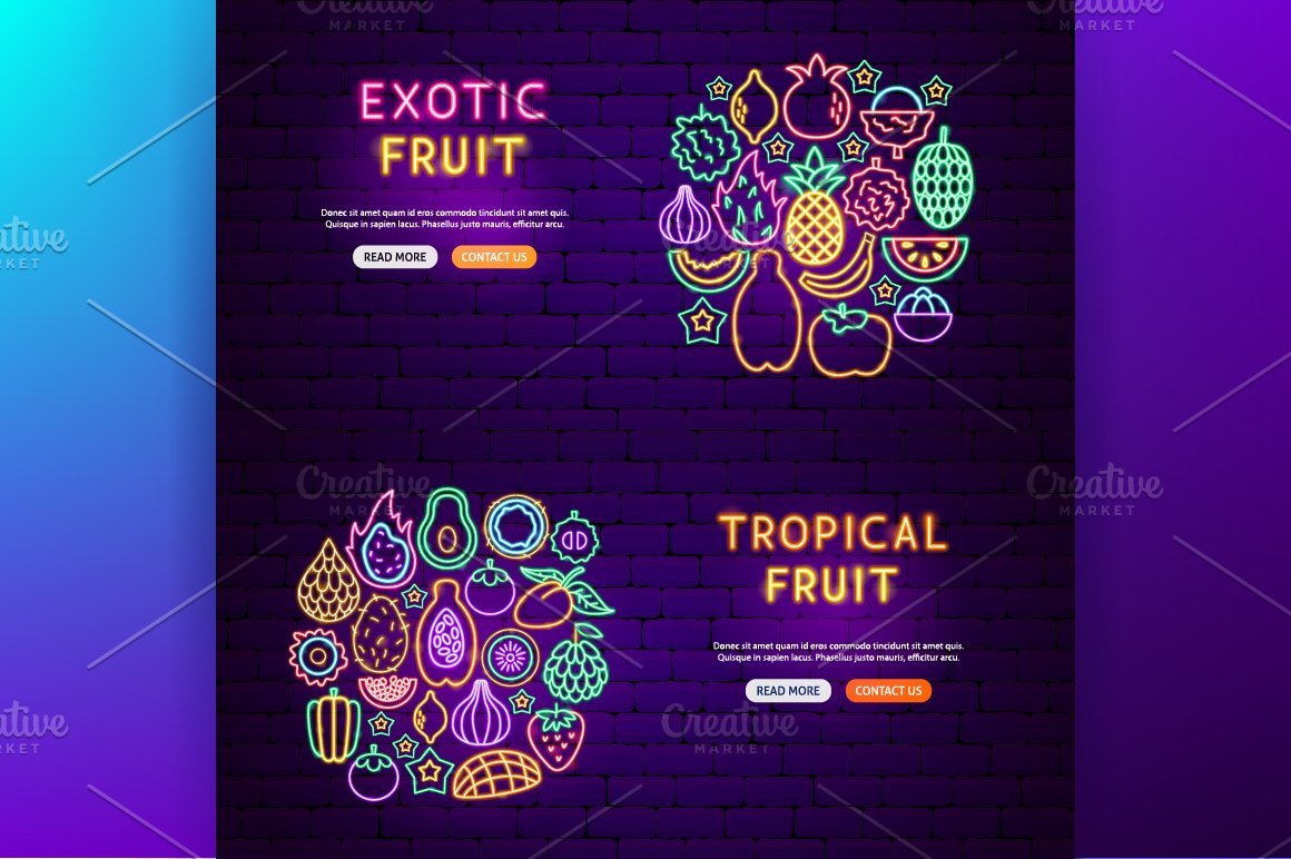 Various exotic fruits in neon.