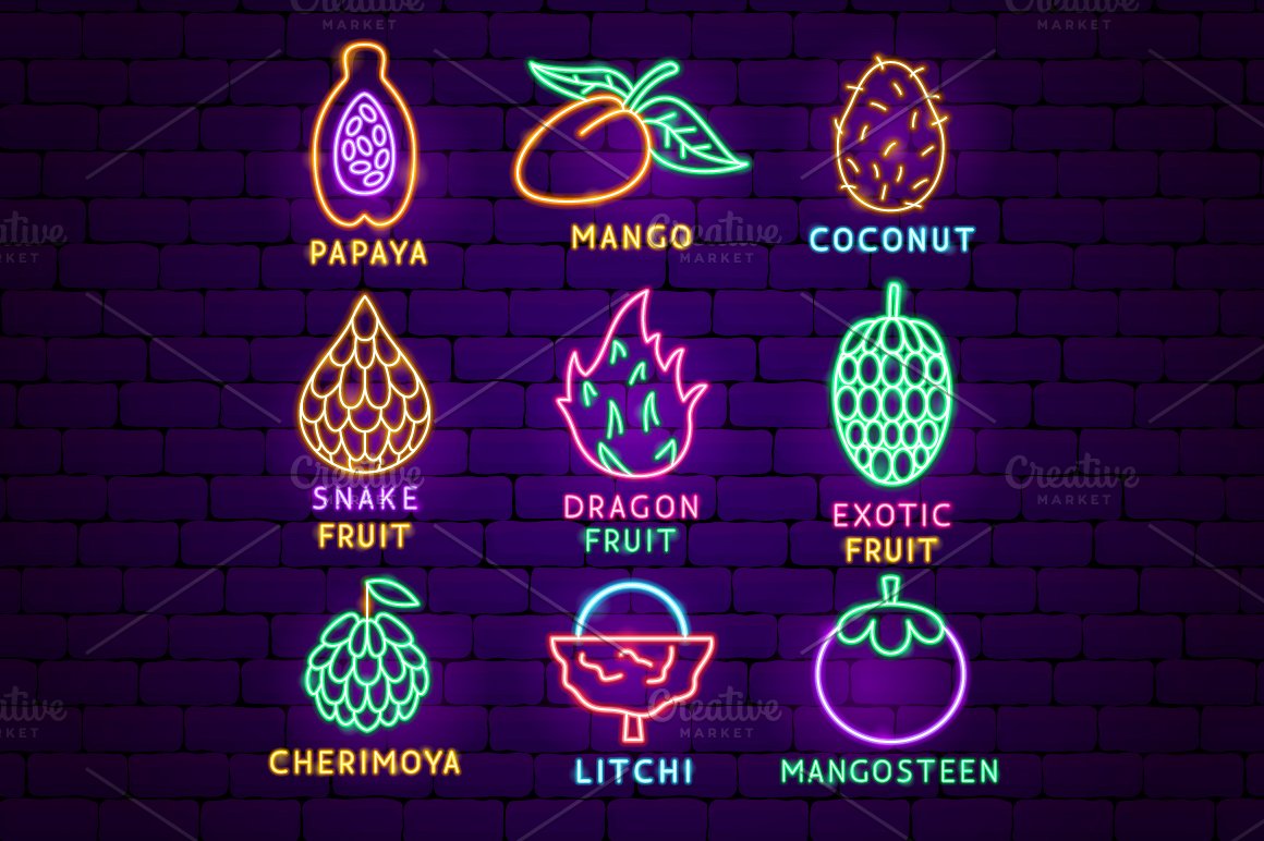 Berries and fruits with vegetables in neon.