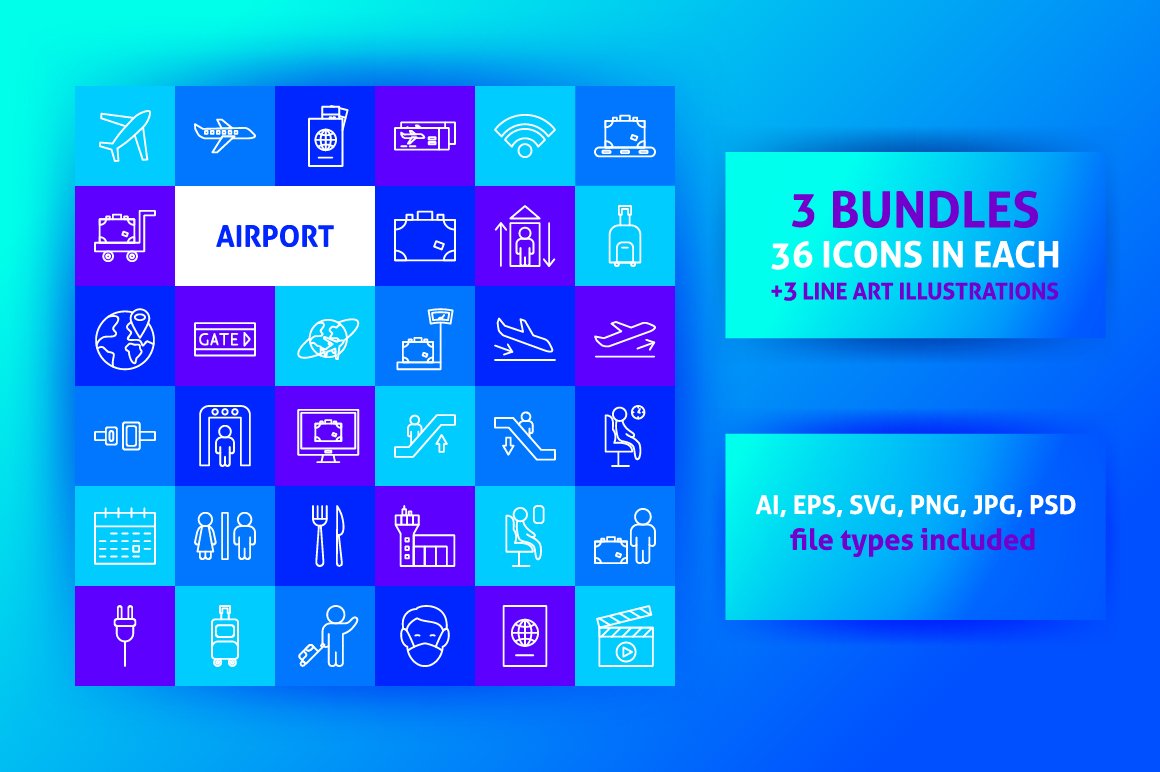 Icons on the theme of the airport are multi-colored.