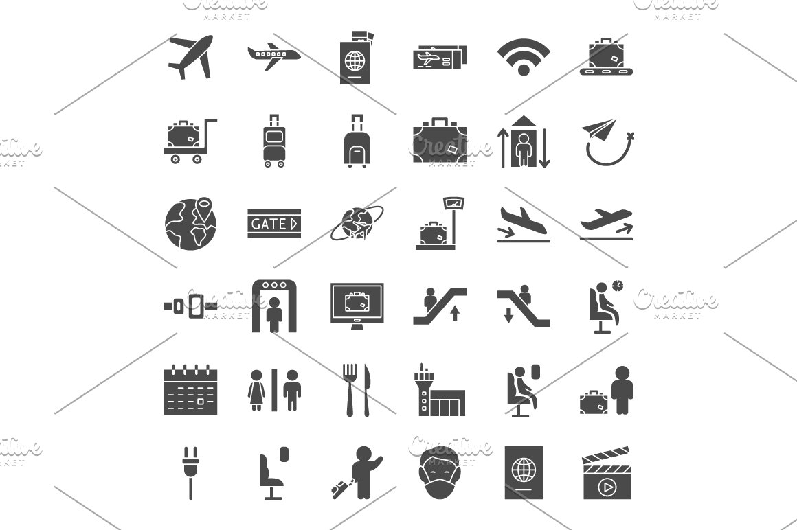 Black icons on the theme of the airport.