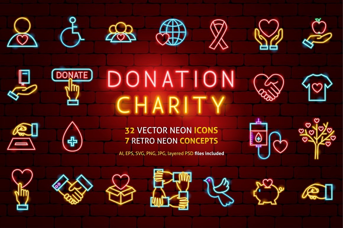 Charity theme in neon red tones.