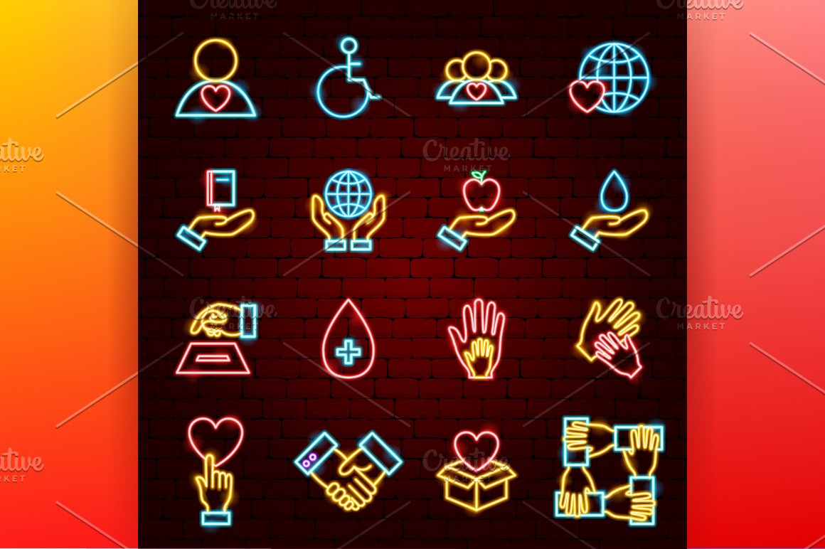 Various icons demonstrate the theme of charity.