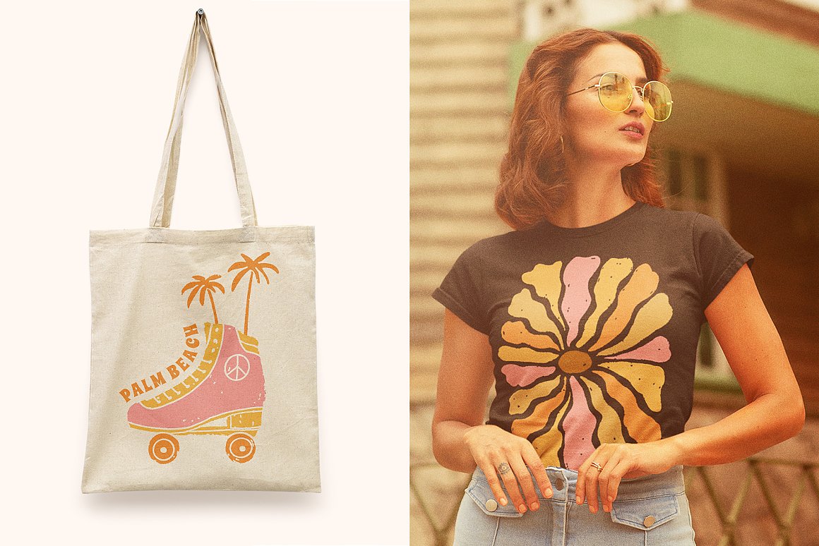 A girl with a print and a bag.