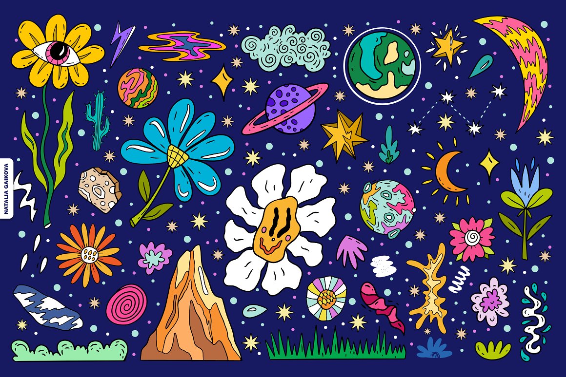 Flowers in space with stars.