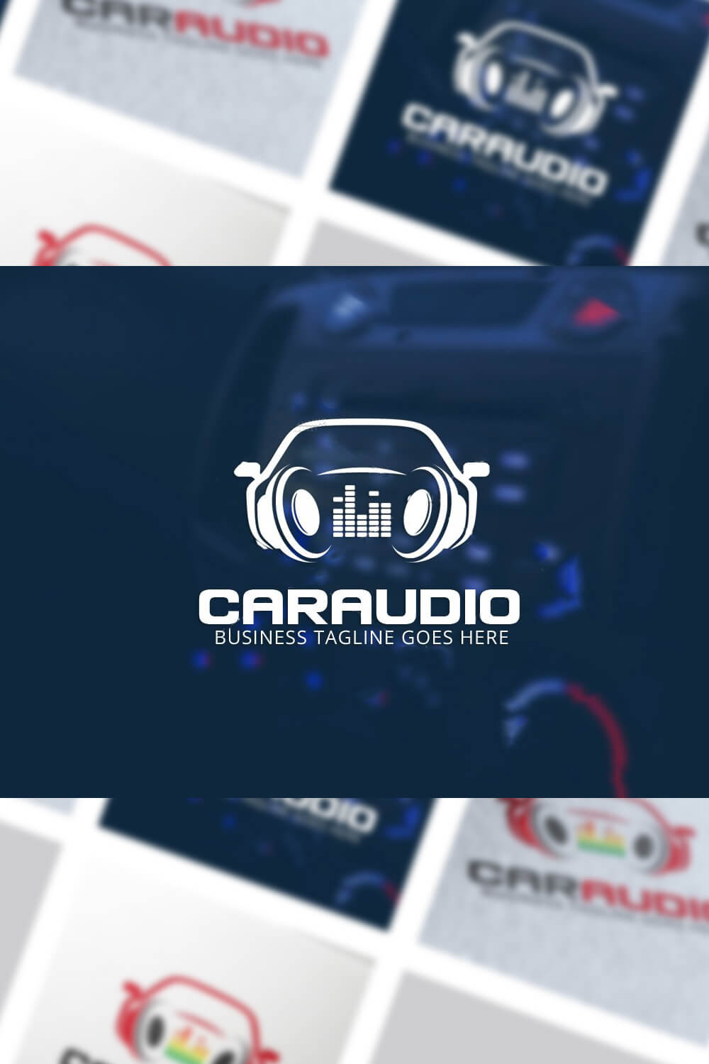 Caraudio logo on a blue blurred background.