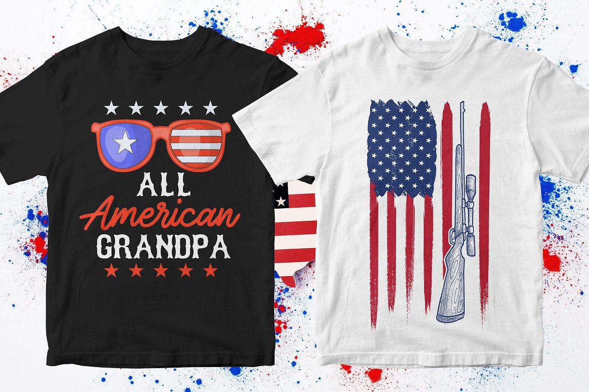 Different t-shirts with different prints for the Fourth of July.