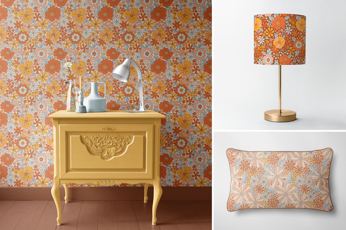 There is a print on the wallpaper, pillow, lamp.