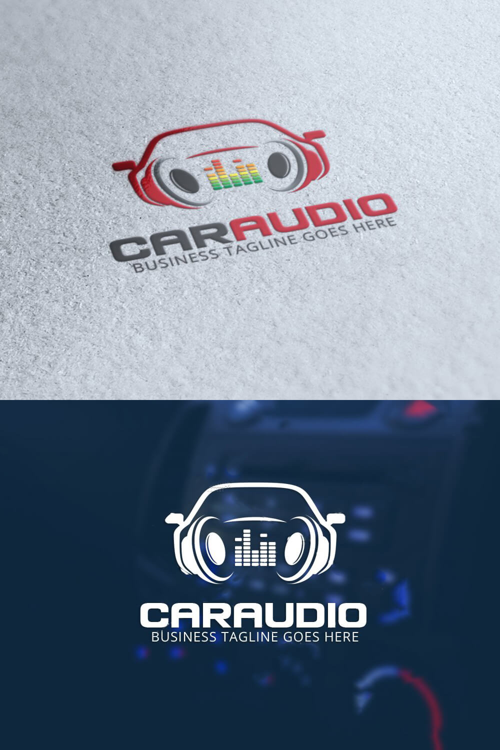 Caraudio logo on blue blurred and gray fabric backgrounds.