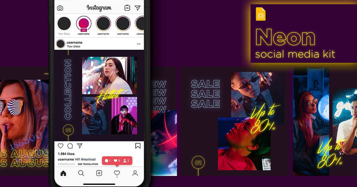 Neon Social Media Kit Google Slides facebook image.