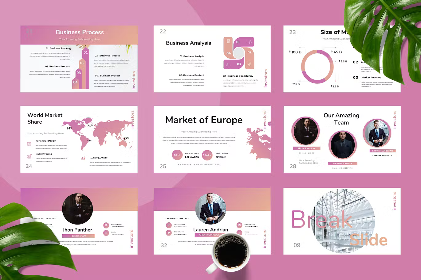 Image of slides on a pink background on the topic of investment.