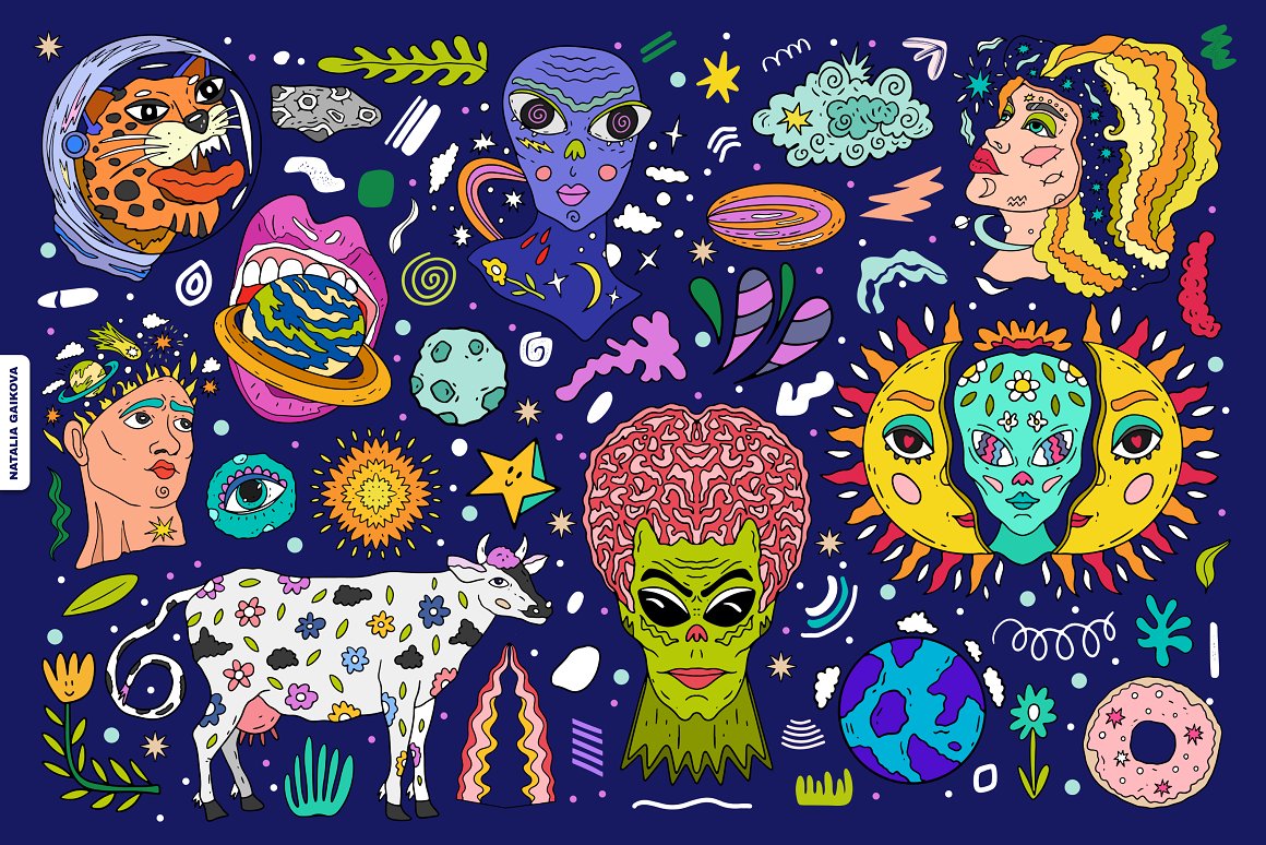 A cow and aliens and stars and the sun.