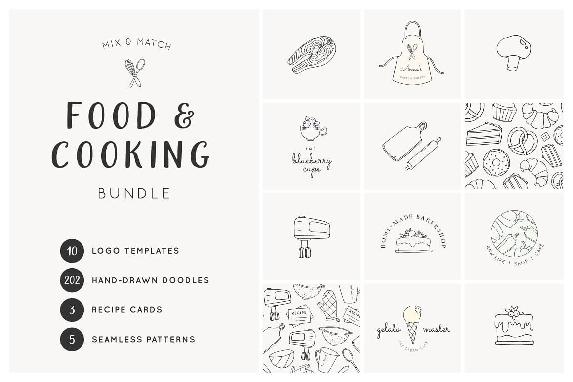 Hand-drawn doodles of food and cooking bundle.