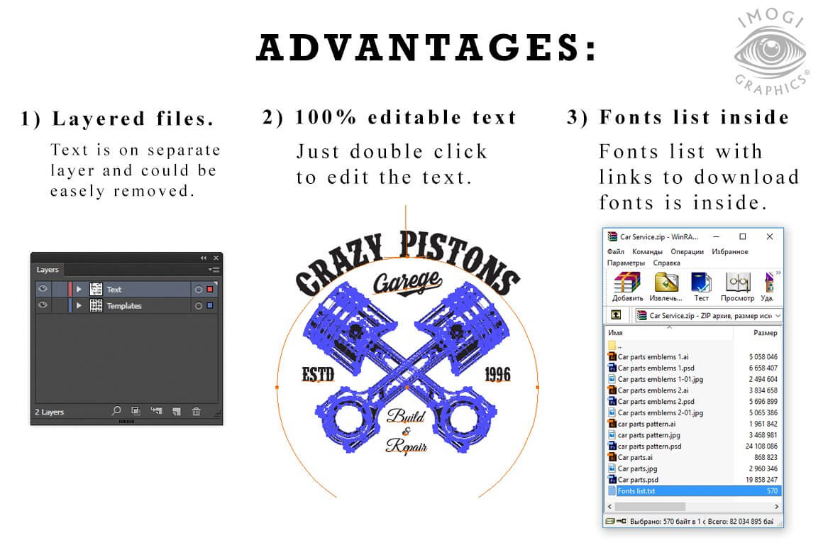 Advantages: layered files, 100% editable text, fonts list inside.