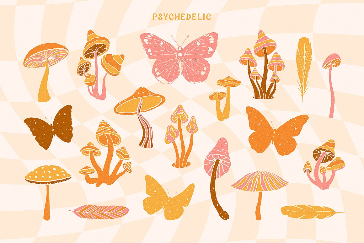 Beautiful mushrooms and a butterfly.