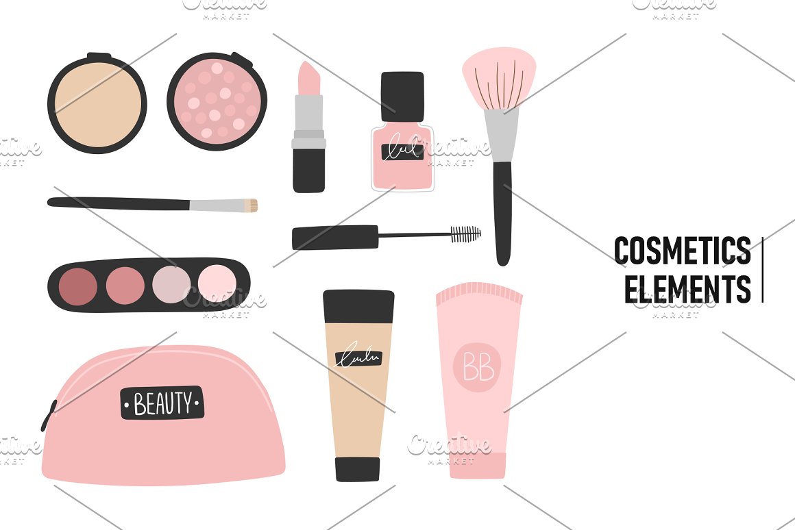 Mascara, brush, lipstick and cosmetic bag.