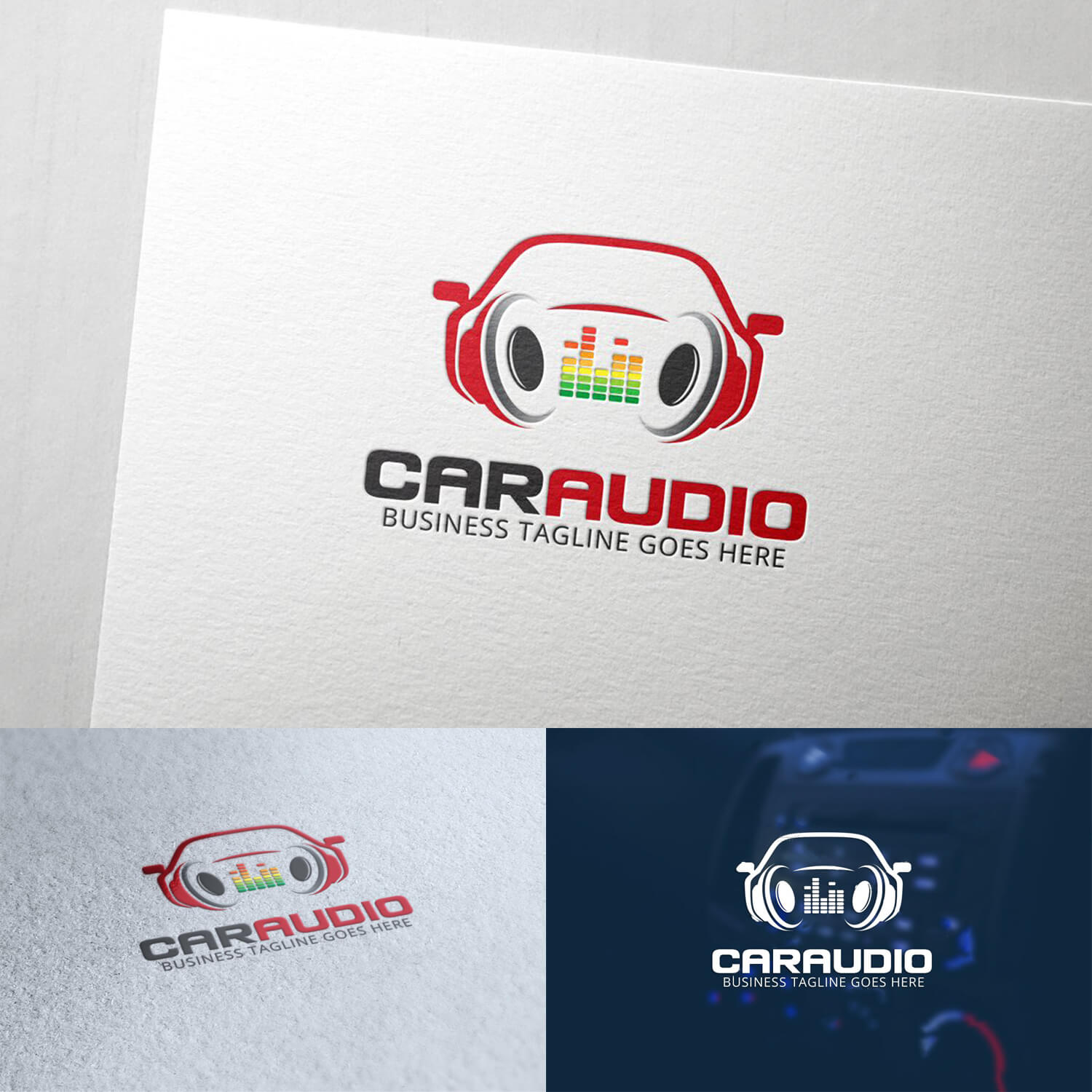 Caraudio logo close-up on colorful backgrounds.