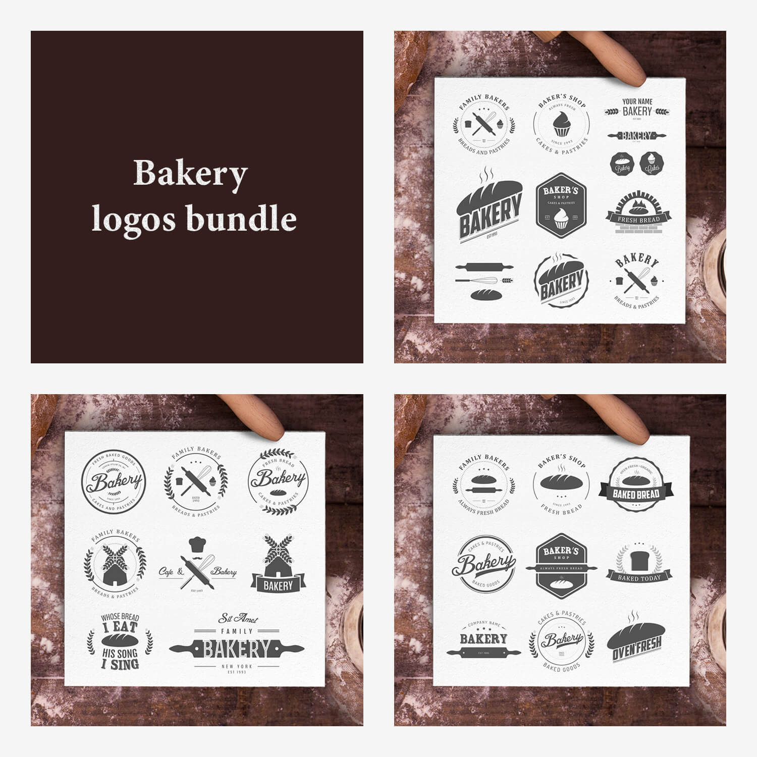 Four pictures of bakery logos bundle in brown.
