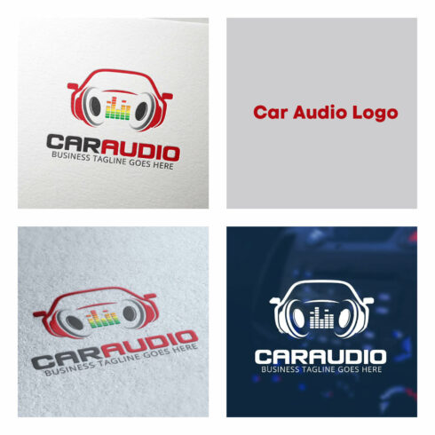 Four pictures with the Caraudio logo in different colors on different backgrounds.