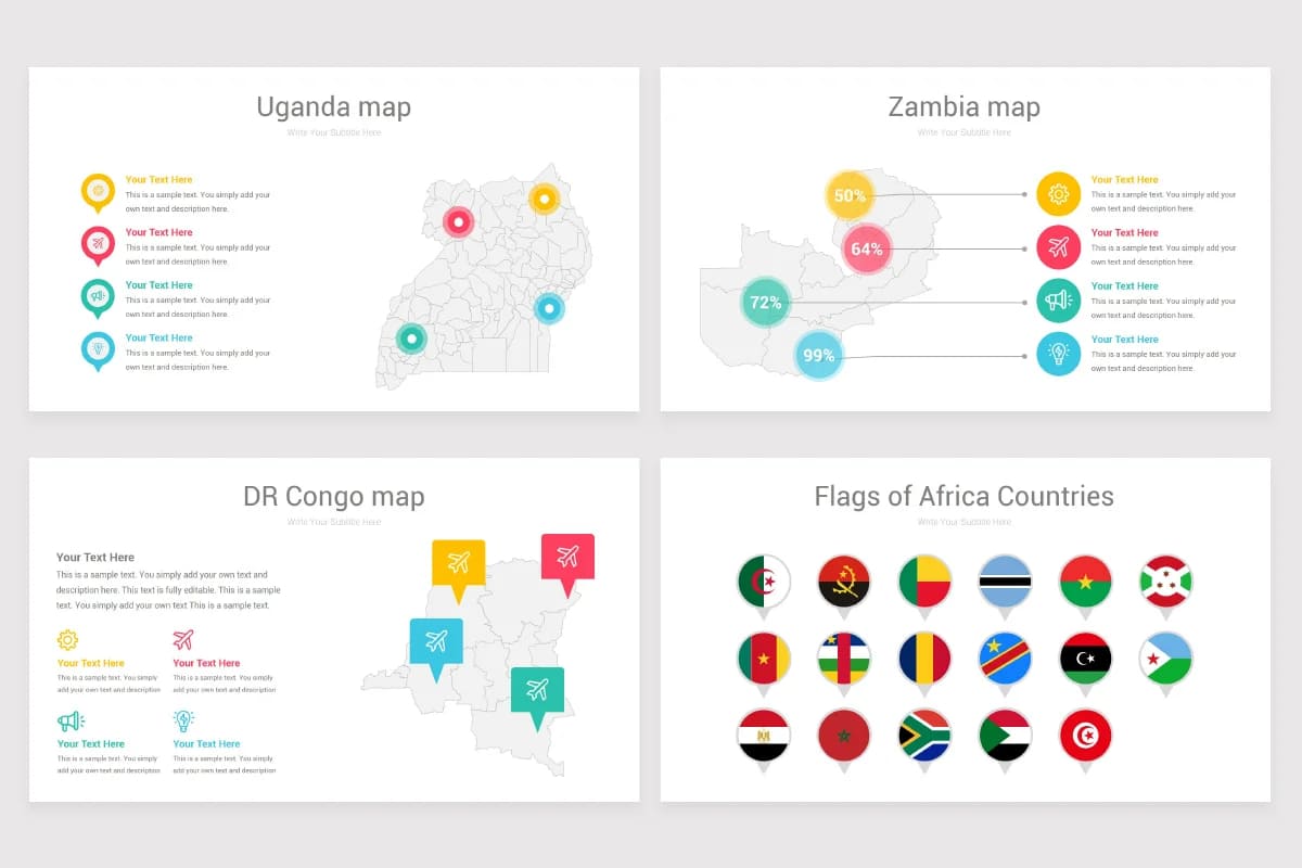 africa maps powerpoint, uganda, zambia, dr congo maps, flags of africa.