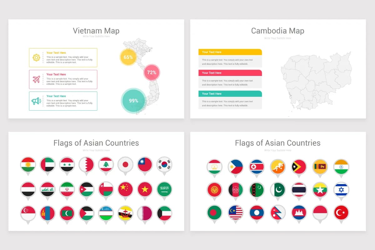 asia maps powerpoint, vietnam, cambodja maps, flags of asia.