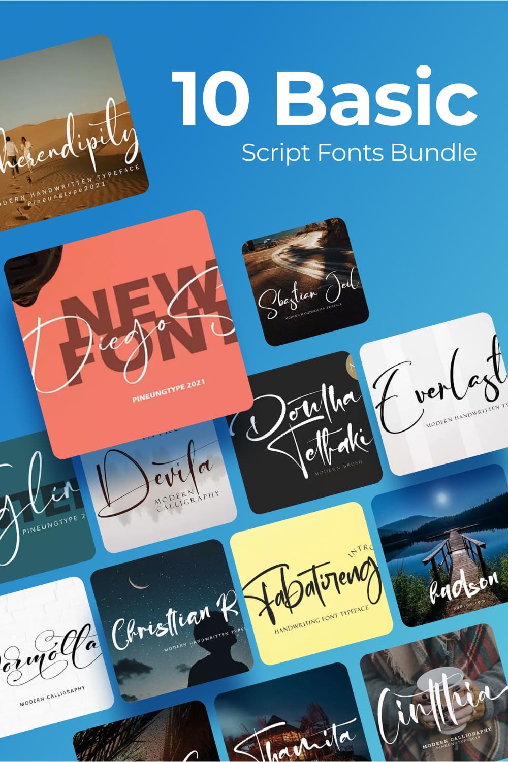 Basic script fonts bundle Pinterest preview.