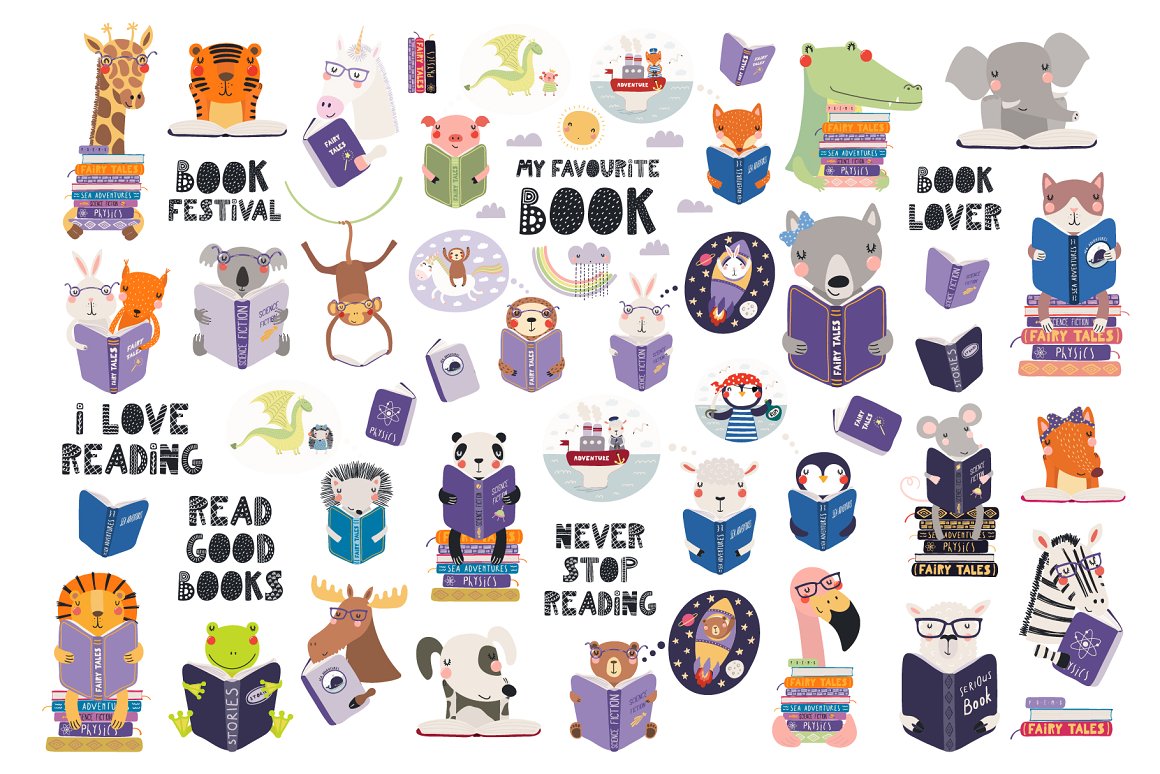 Lots of animals and books.
