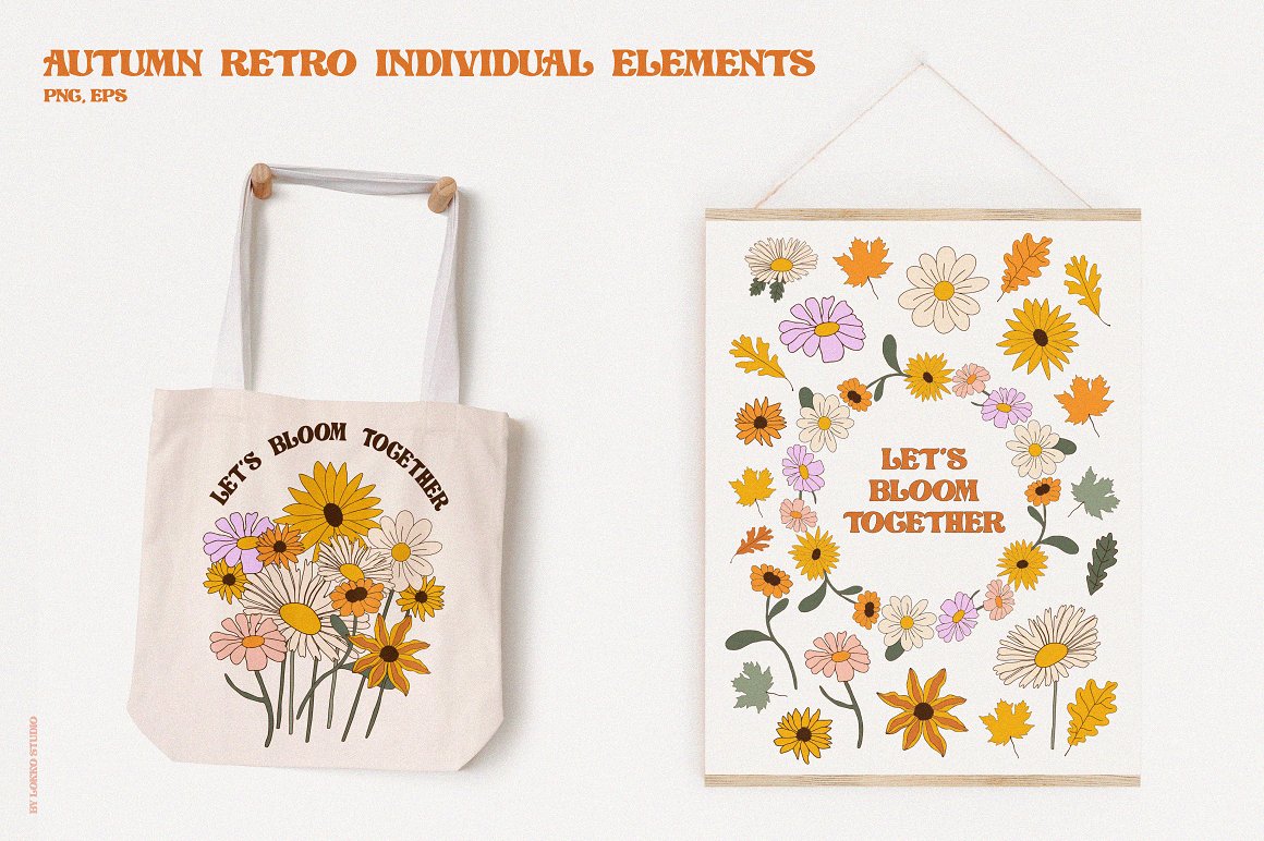 Print with a bag with images of autumn leaves and flowers.
