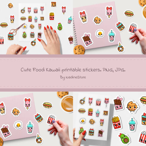 Cute food kawaii printable stickers preview.