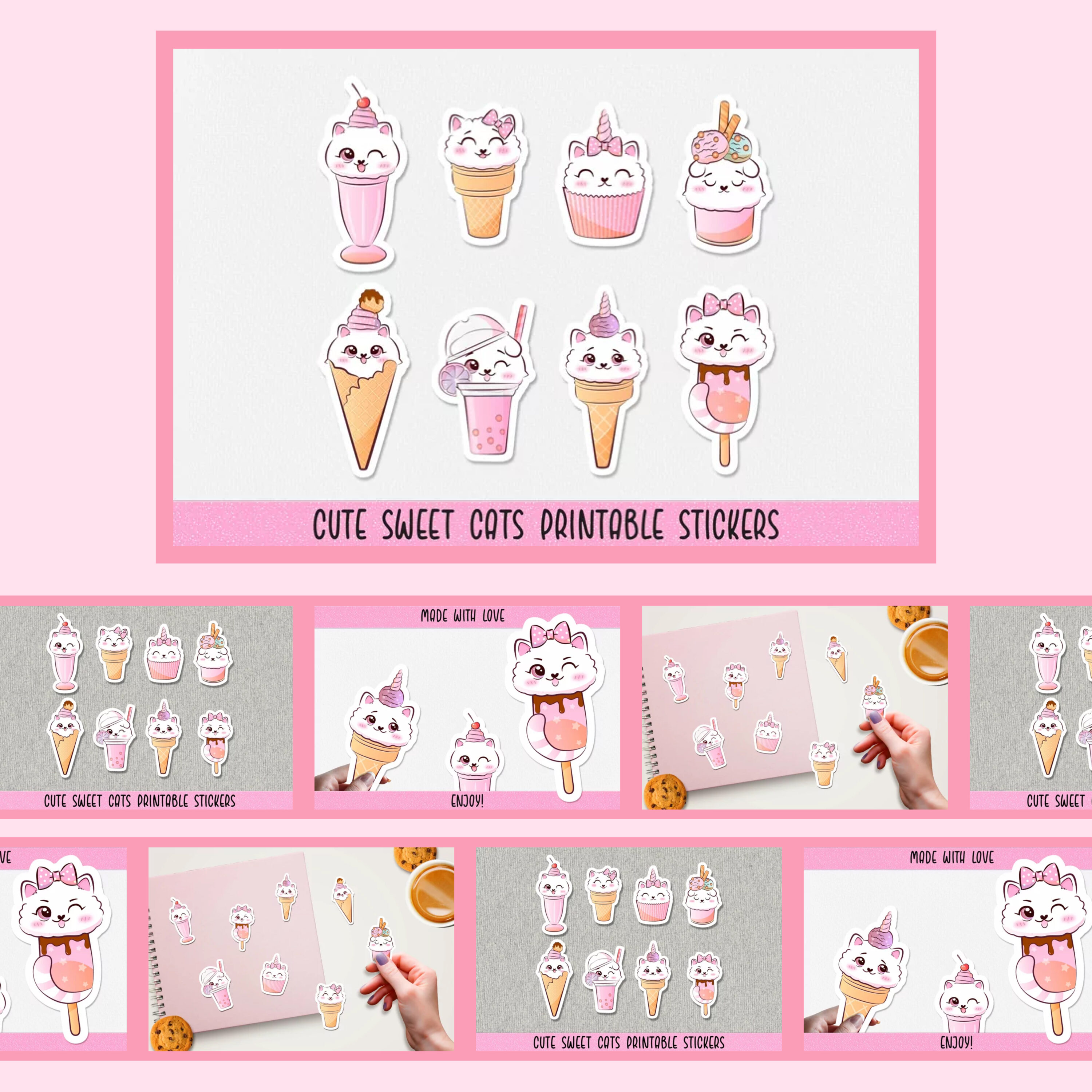 Cute sweet cats printable stickers preview.