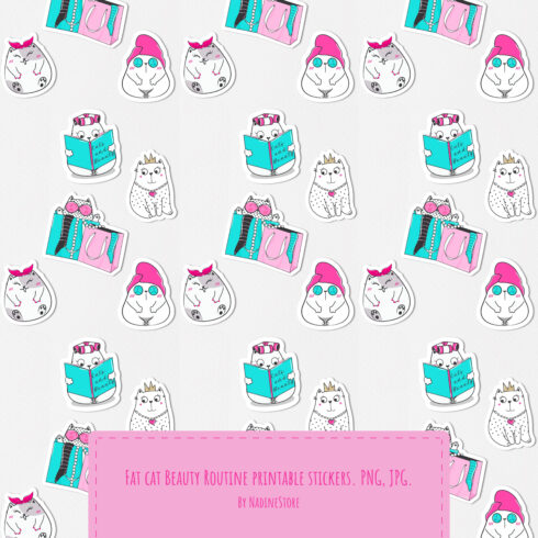 Fat cat beauty routine printable stickers preview.
