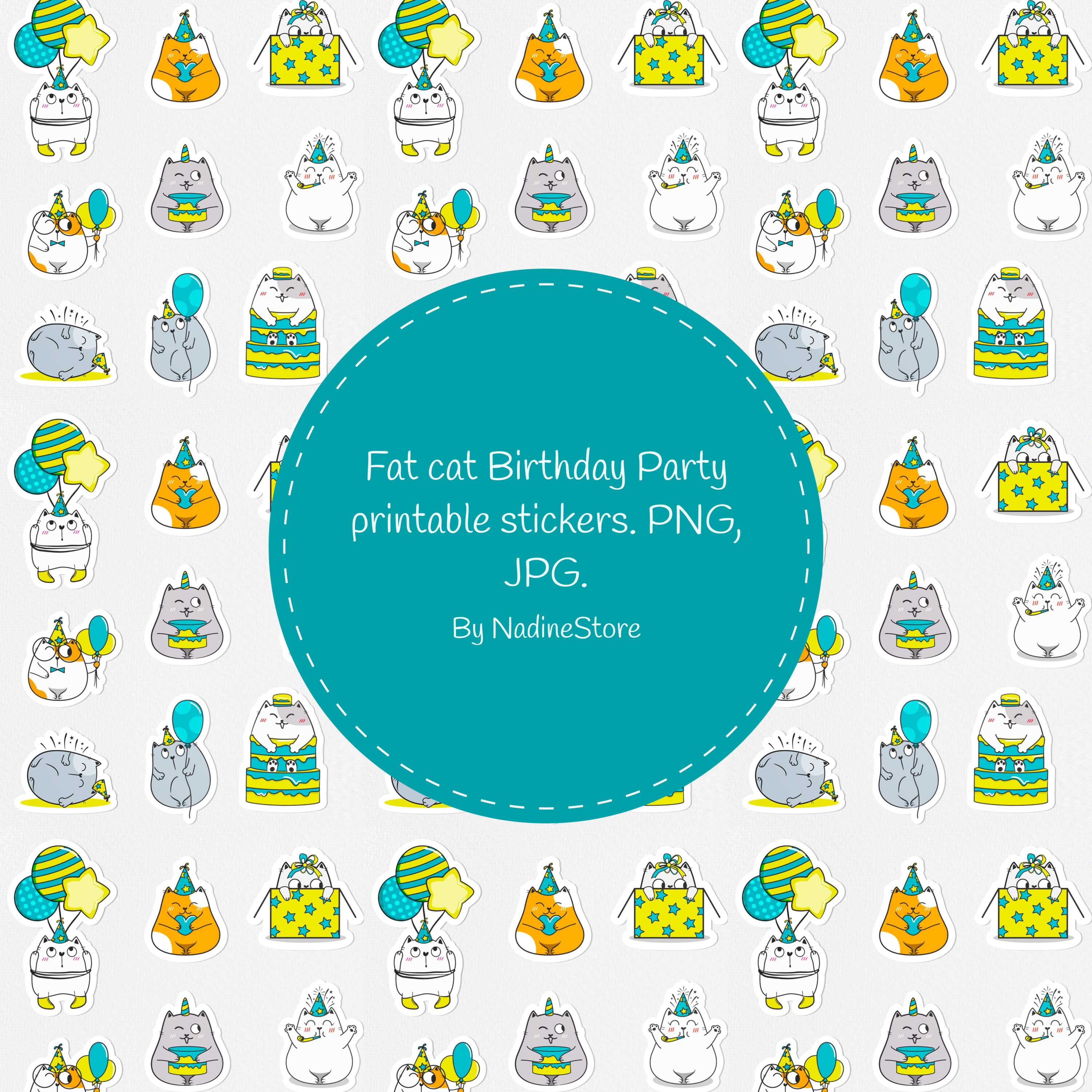 Fat cat birthday party printable stickers preview.
