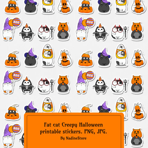 Fat cat creepy halloween printable stickers preview..