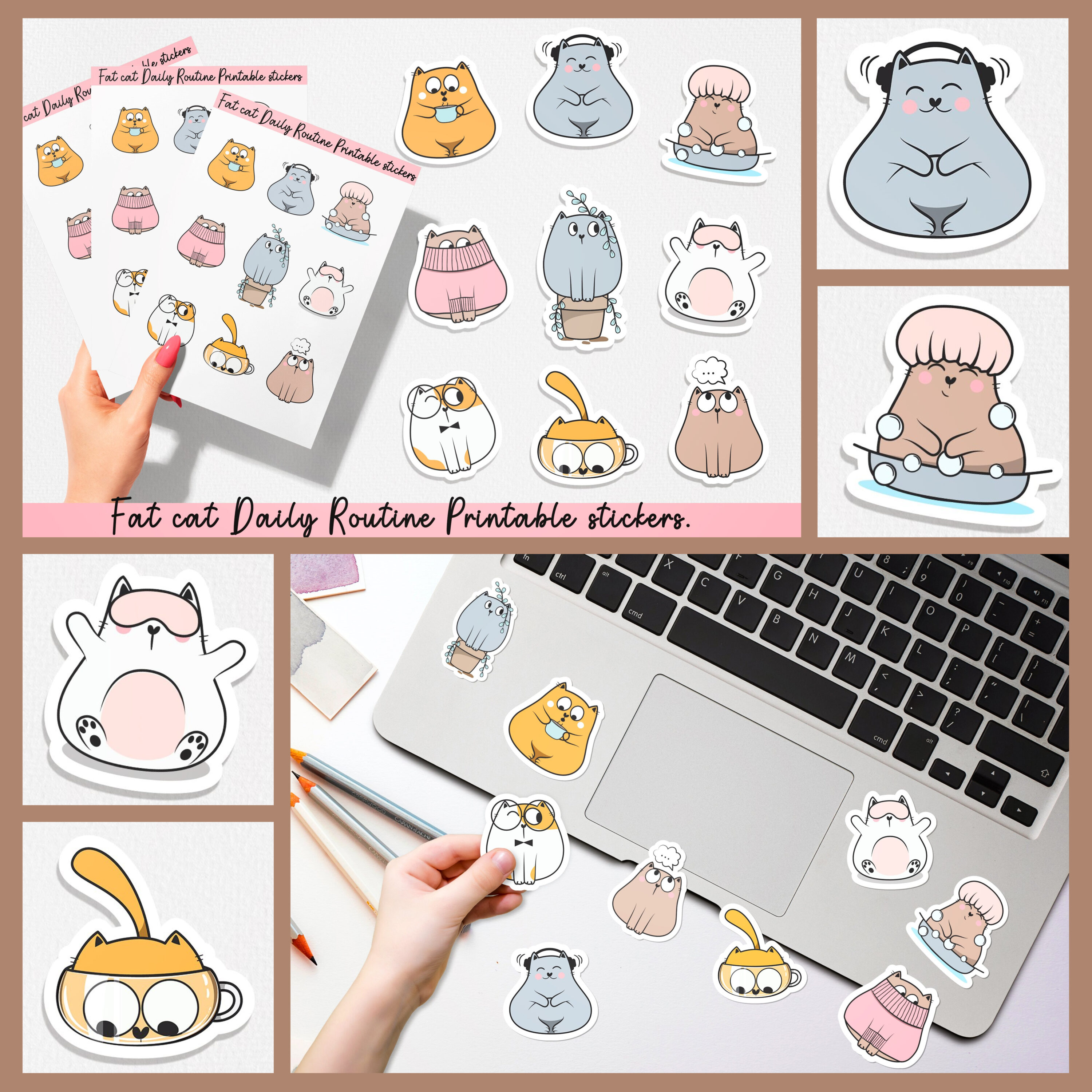 Prints of fat cat daily routine printable stickers.