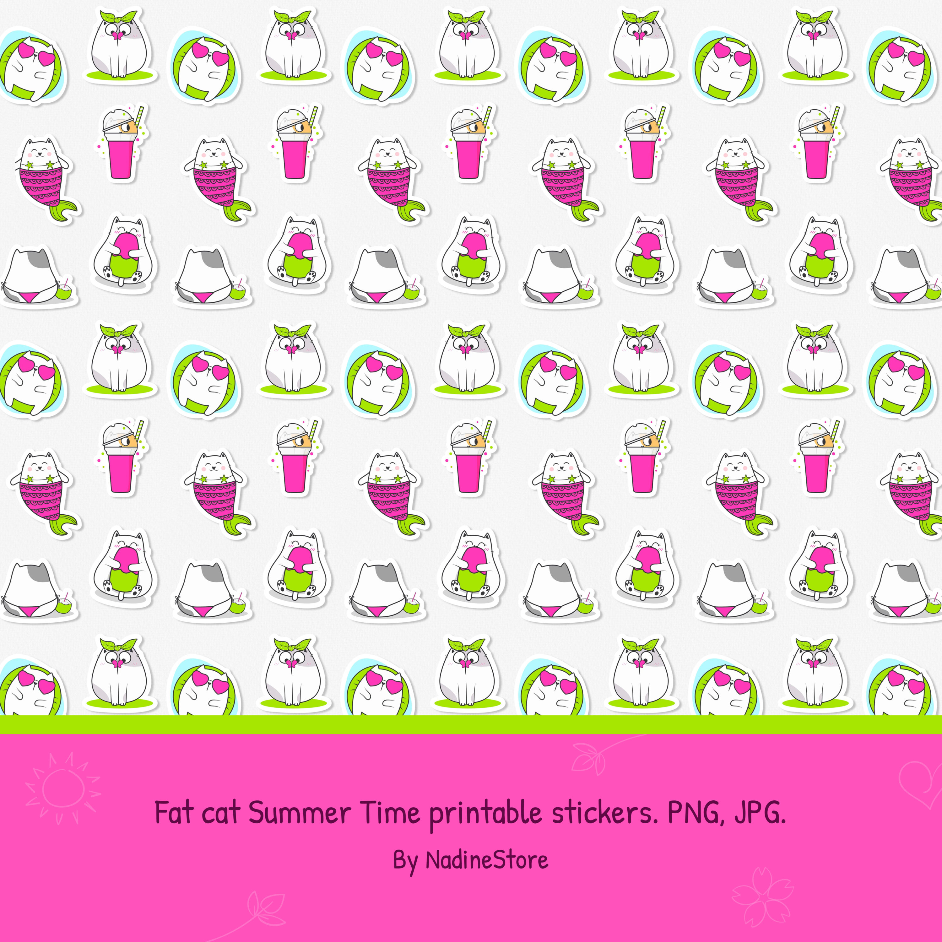 Fat cat summer time printable stickers preview.