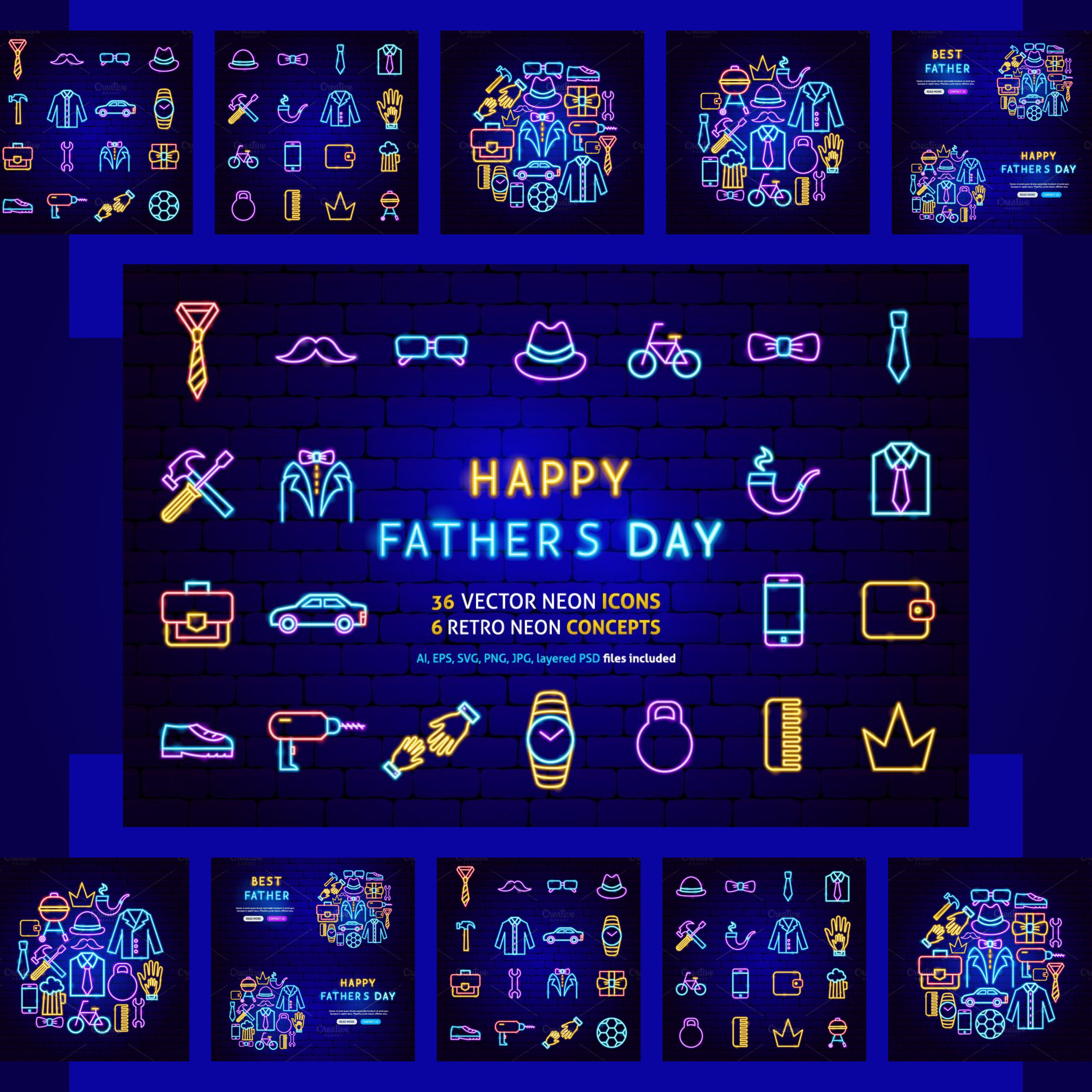 Fathers day neon icons preview.