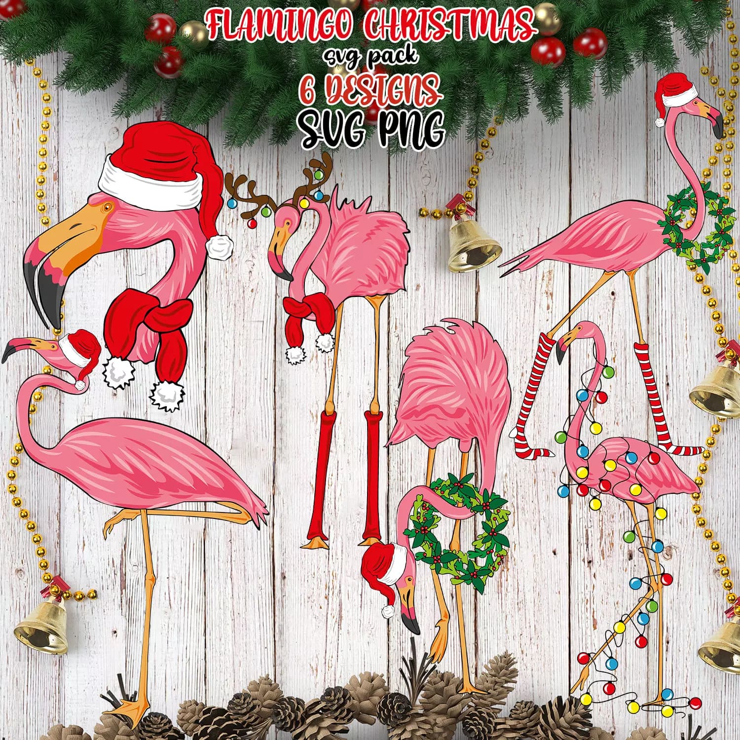 Flamingos with christmas decorations and pine cones on a wooden background.