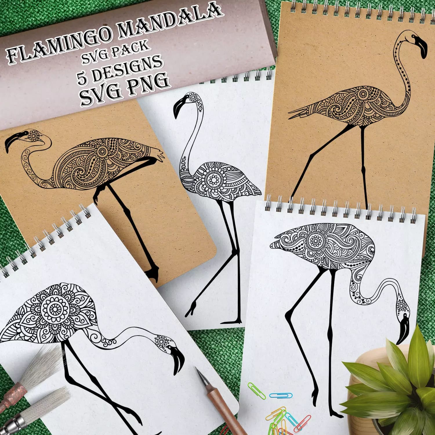 Three notebooks with drawings of flamingos on them.