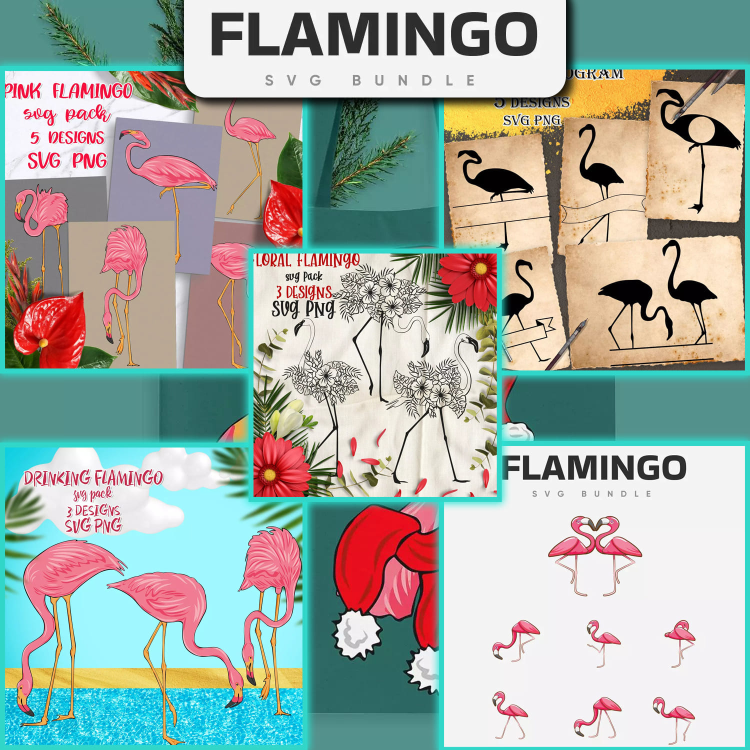 Collage of flamingos and flowers with the words flamingo svg bundle.