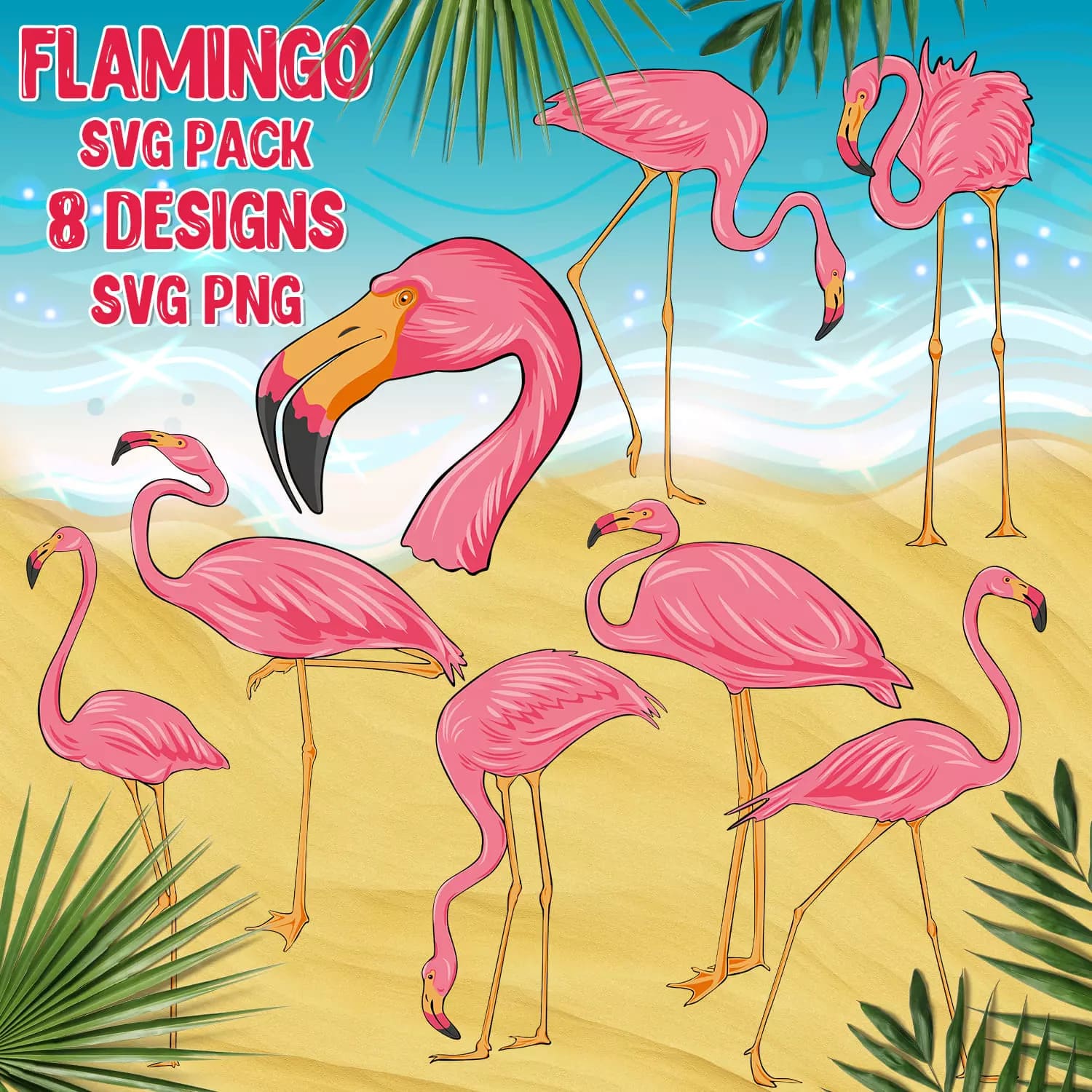 Group of flamingos standing on top of a sandy beach.