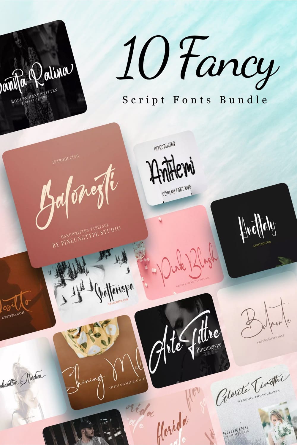 Fresh script fonts bundle Pinterest collage image.