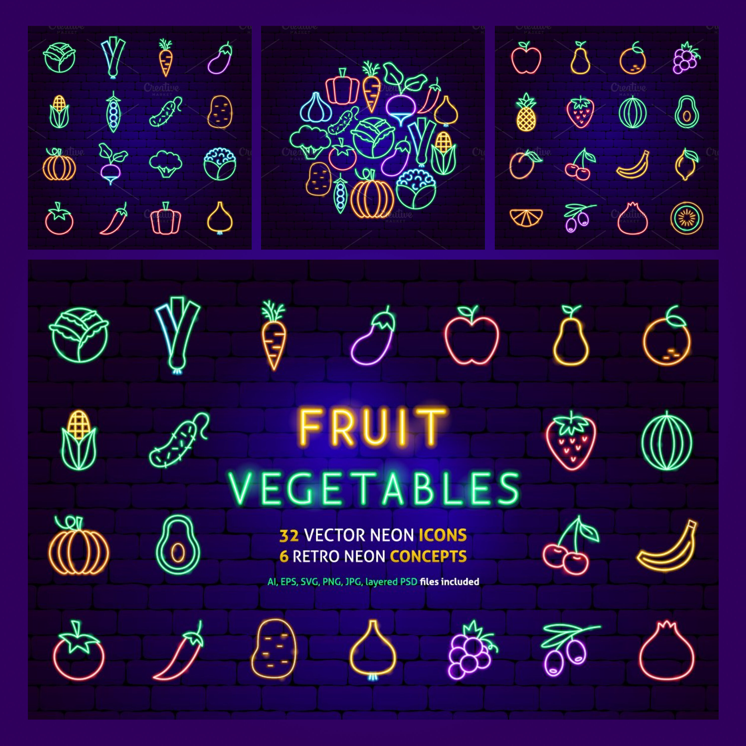 Prints of fruit vegetables neon.