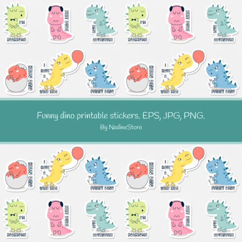 Prints of funny dino printable stickers.